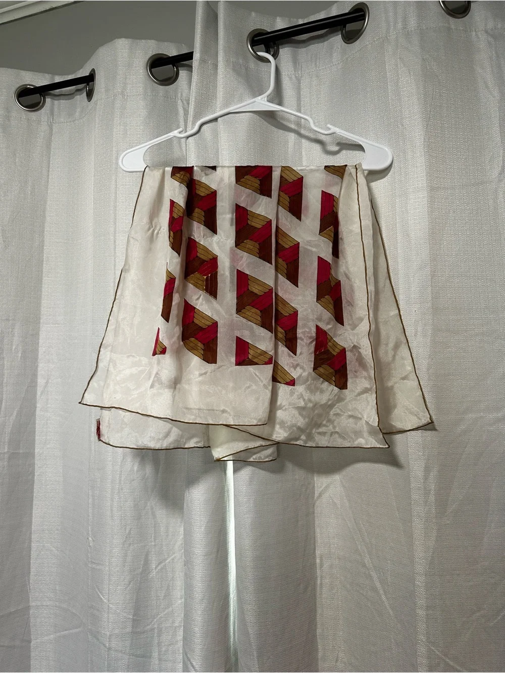 Sally Gee Hand Rolled Japanese Scarf with Geometric Red & Brown